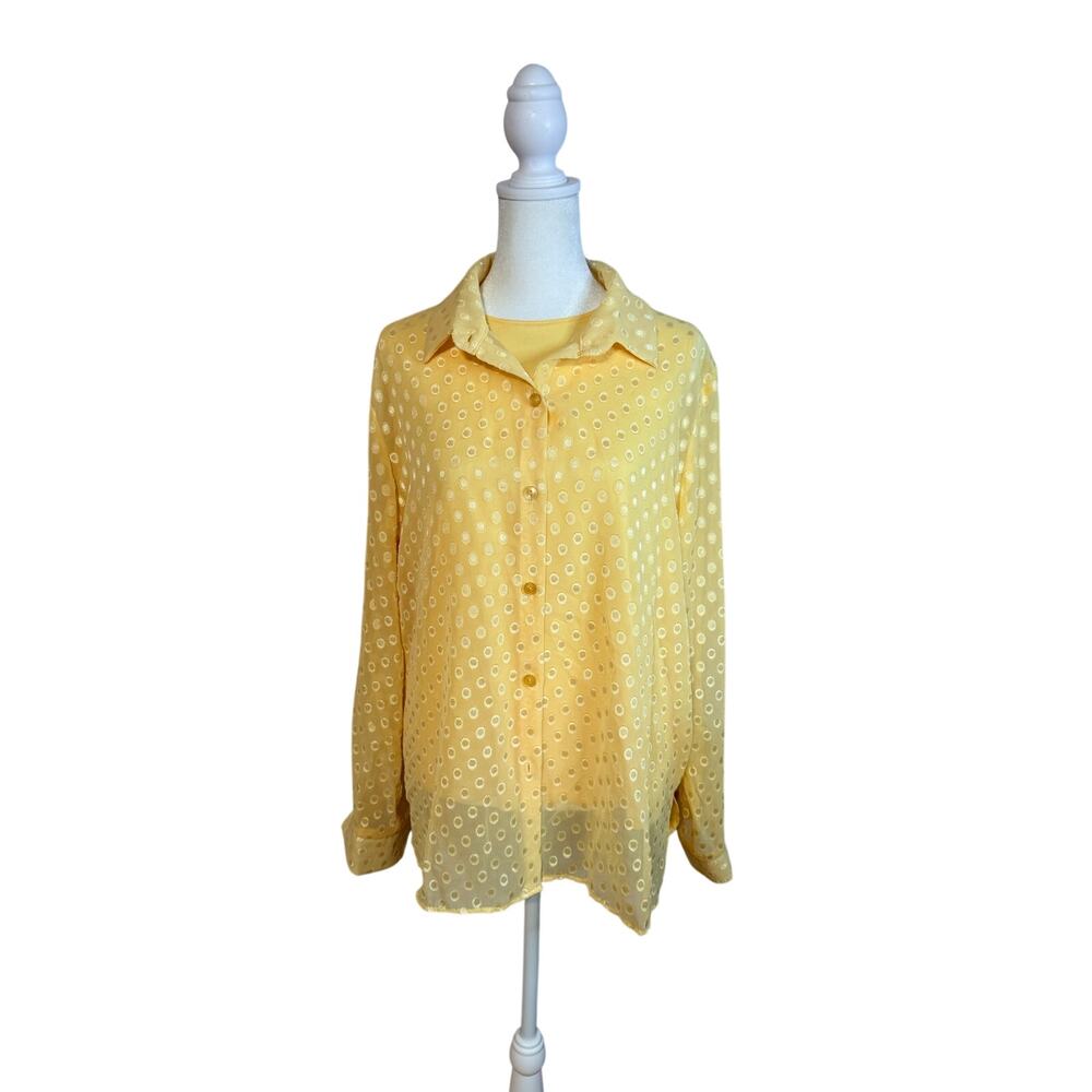 BFA Essentials yellow sheer button-down blouse dot pattern. Size L